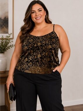 Romantic Moods Woman 2X Velvet Burnout Floral Camisole Black Gold Plus Size Top